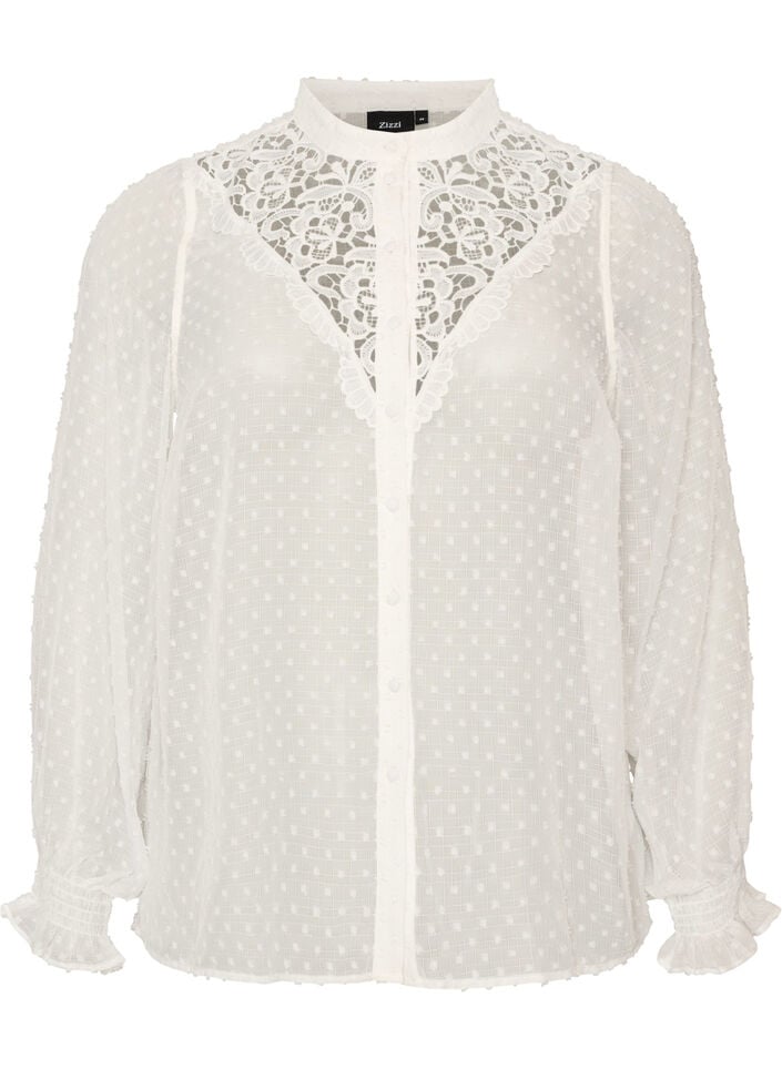 Skjortebluse med blondeinnlegg og prikkem&oslash;nster, Vanilje, Packshot image number 0