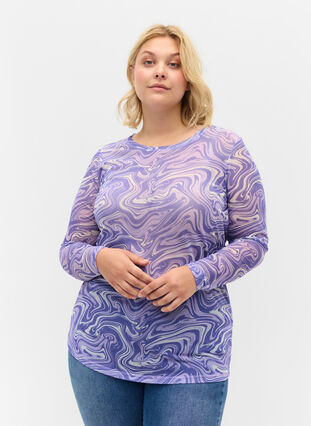 Mesh bluse med mønster, Lilac, Model image number 0