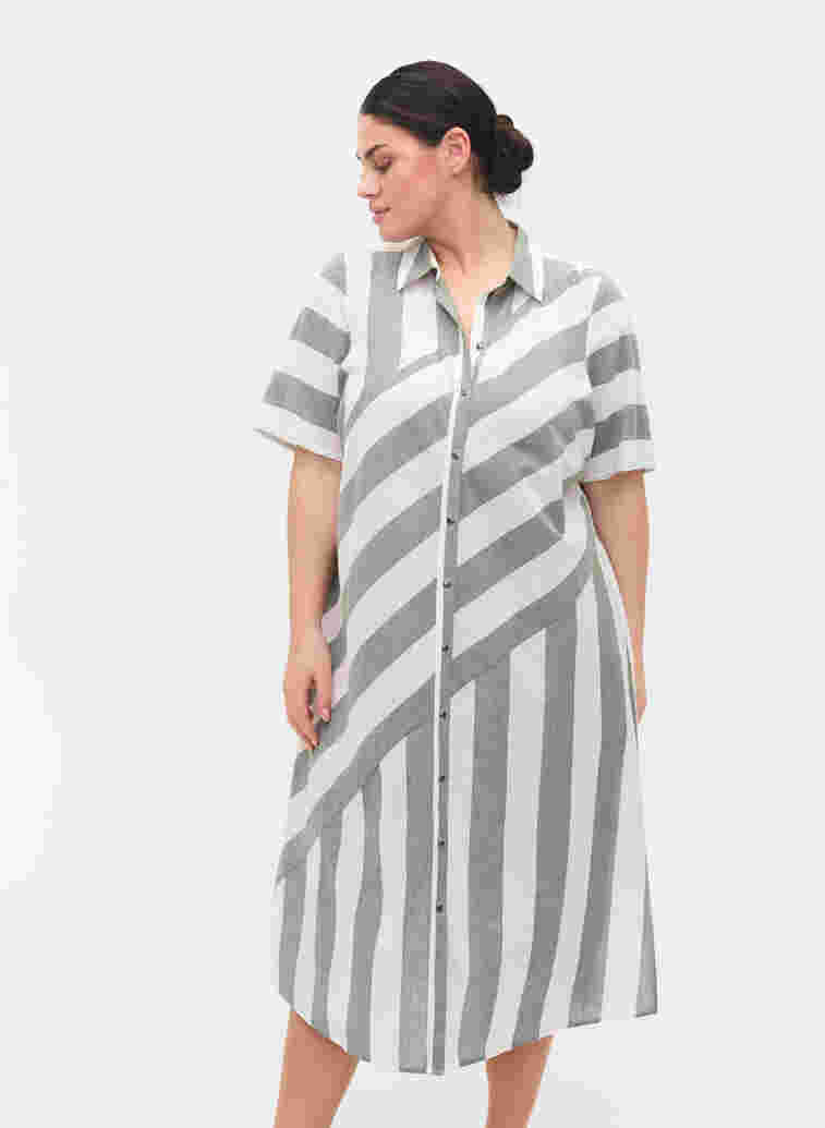 Kortermet skjortekjole i bomull med striper, Thyme Stripe, Model image number 0
