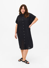 Lang skjorte i bomullsblanding med lin, Black, Model
