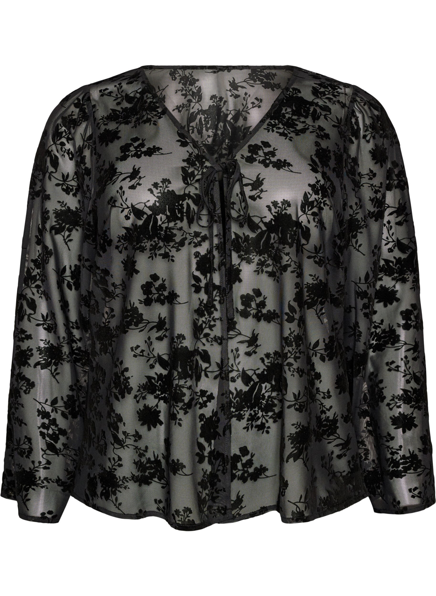 Meshbluse med blomstertrykk og &aring;pen front