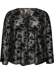 Meshbluse med blomstertrykk og &aring;pen front, Svart