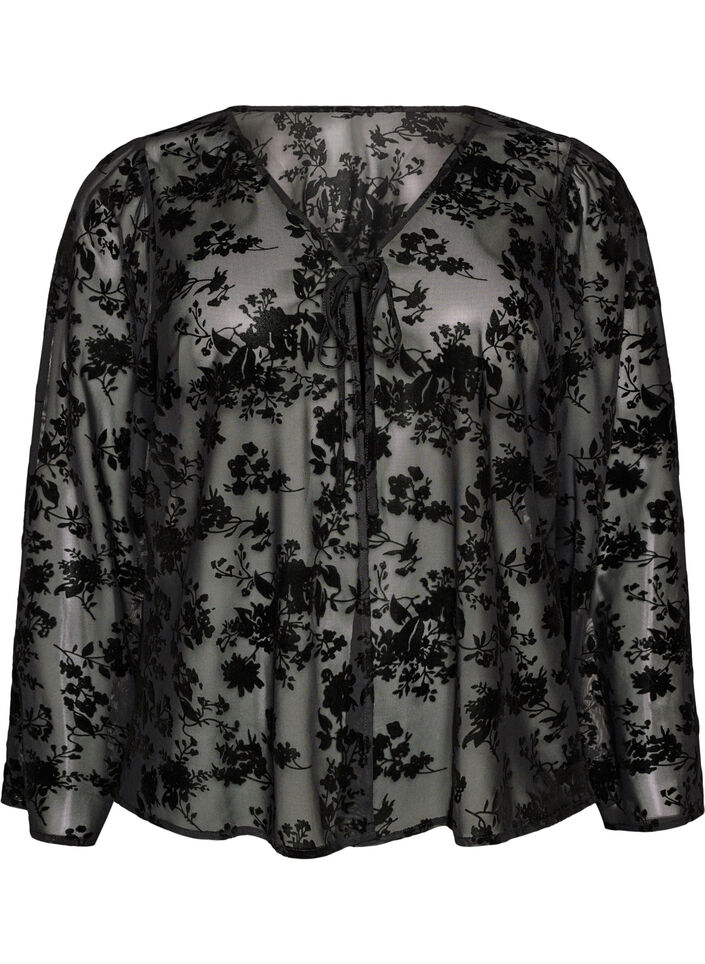 Meshbluse med blomstertrykk og &aring;pen front, Svart, Packshot image number 0