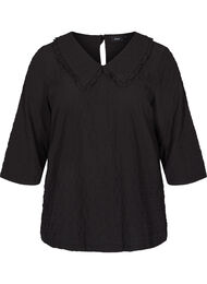 Rutete bluse med 3/4-ermer og volangkant, Black