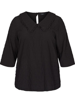 Rutete bluse med 3/4-ermer og volangkant, Black, Packshot image number 0