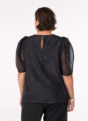 Zizzi Festbluse i organza-uttrykk med prikker, Svart, Model image number 2