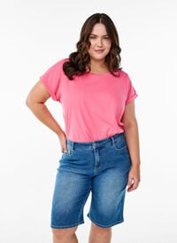 Høy midje denim Bermuda shorts, Blå Høy midje denim Bermuda shorts, Blå, Model