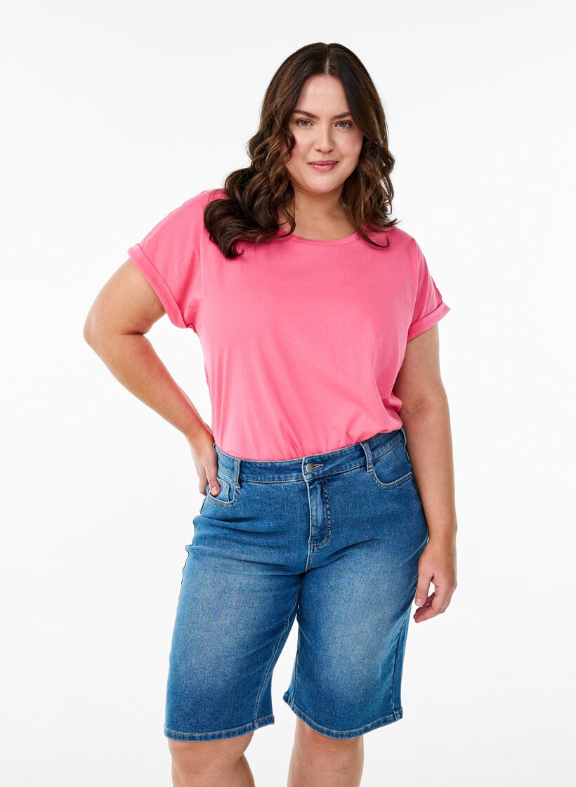 Høy midje denim Bermuda shorts, Blå, Model image number 0