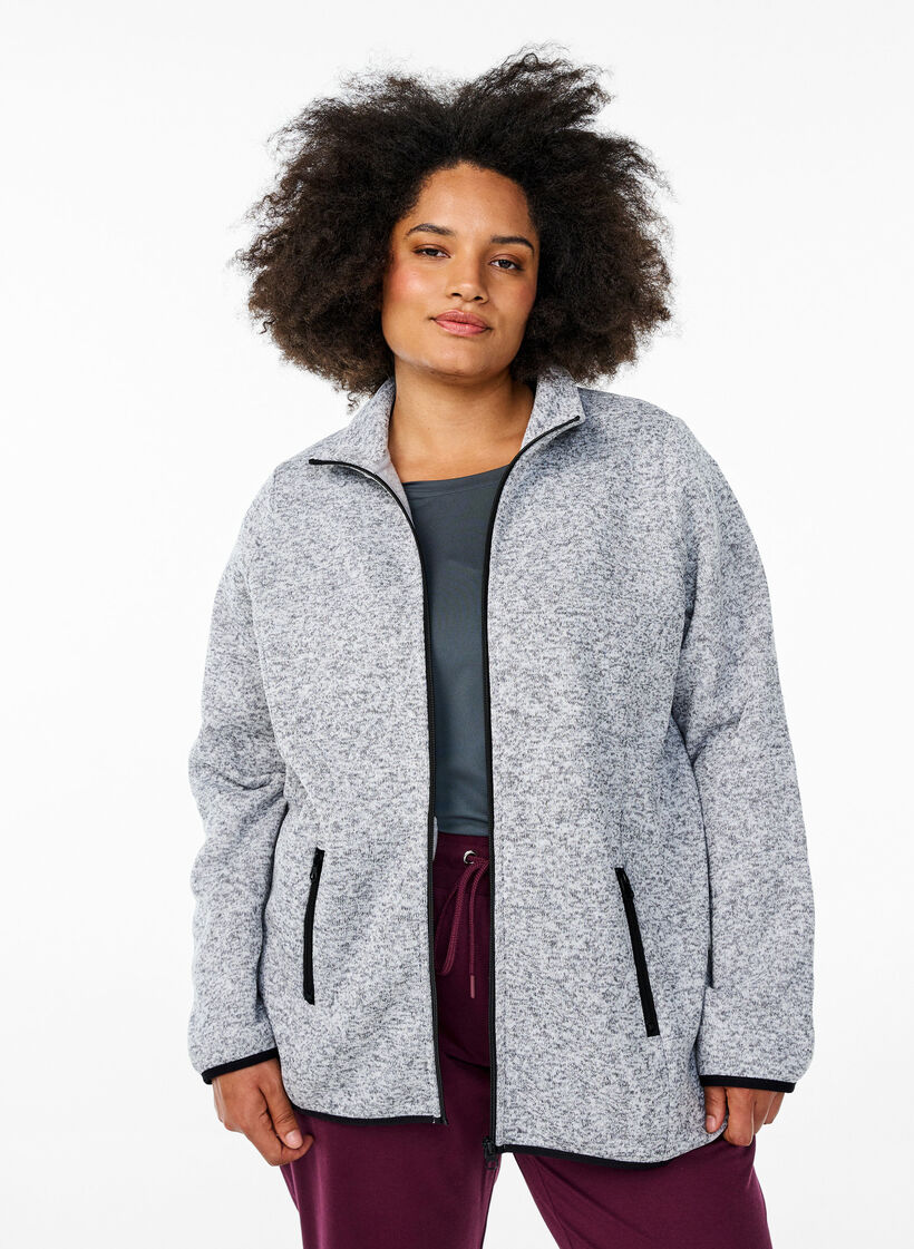 Jersey cardigan med høy krage og glidelås, Light Grey Melange, Model