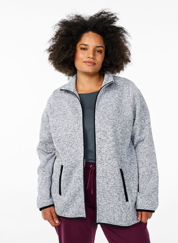 Zizzi Jersey cardigan med høy krage og glidelås, Grå, Model image number 0