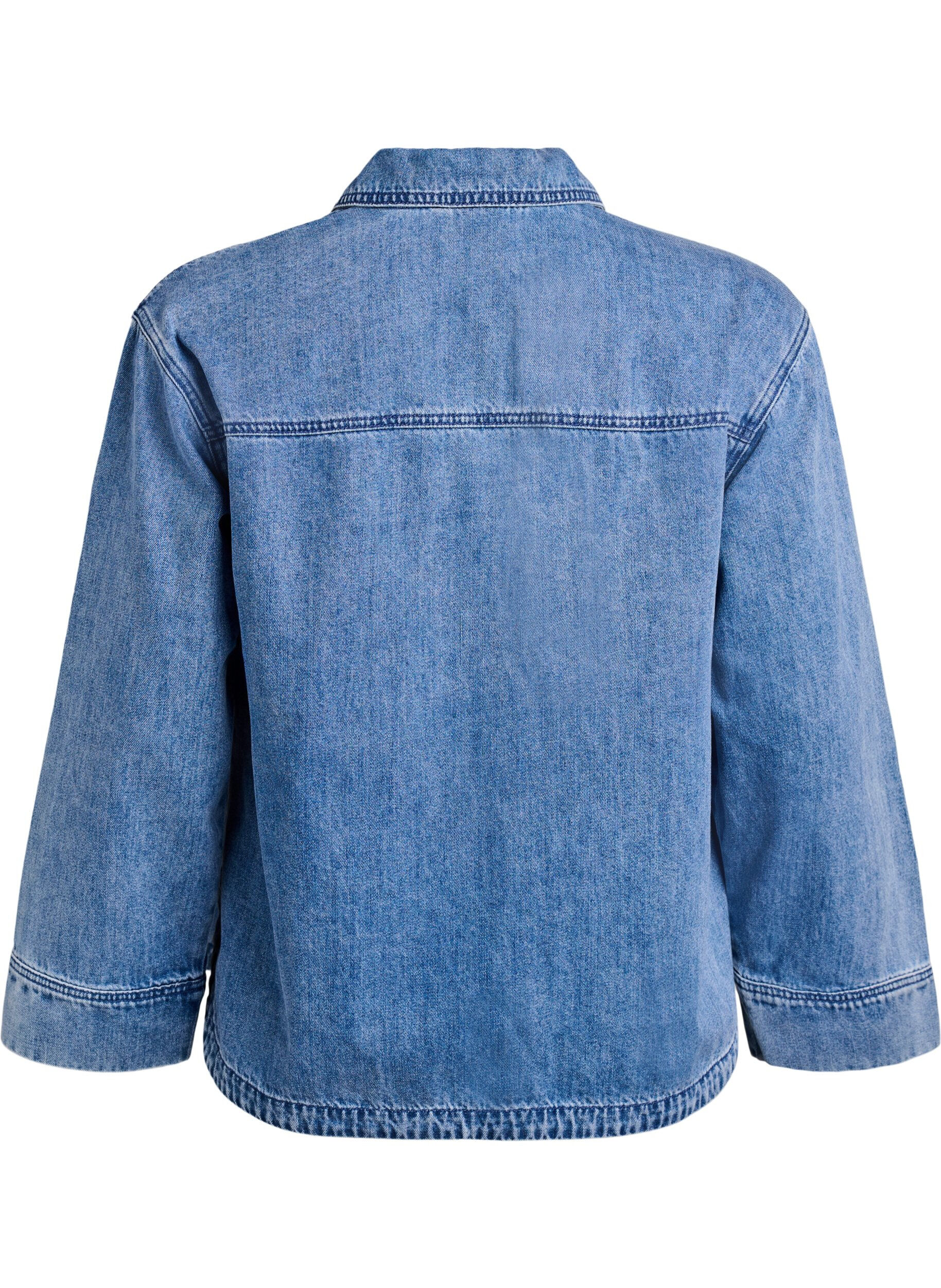 Zizzi Loose fit denim bluse med krage og V-hals, Bl&aring;, Packshot image number 1