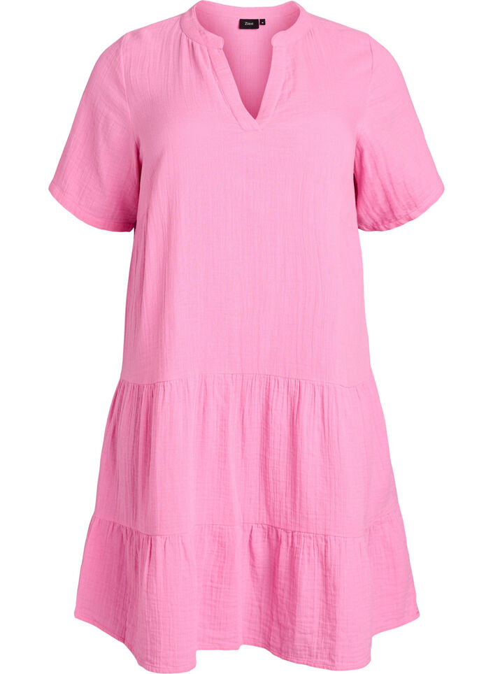 Kort A-linjekjole i bomullsmuslin, Rosa, Packshot image number 0