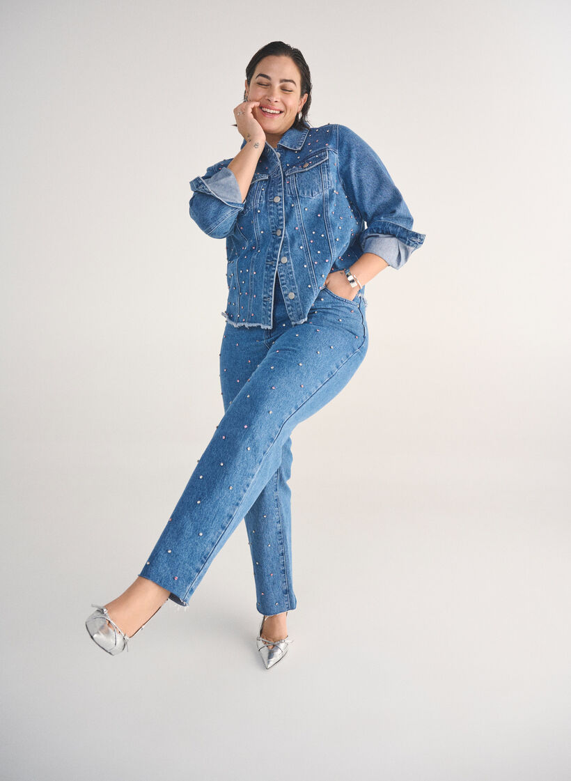 Høy midje Gemma jeans med rhinesteiner, Blue Denim, Image