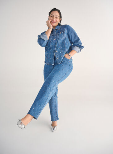 Zizzi Høy midje Gemma jeans med rhinesteiner, Blå, Image image number 0