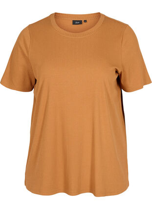 Kortermet T-skjorte i et ribbet materiale, Pecan Brown, Packshot image number 0