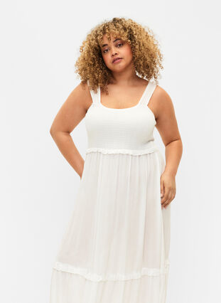 Midikjole i viskose med smock, Bright White, Model image number 2