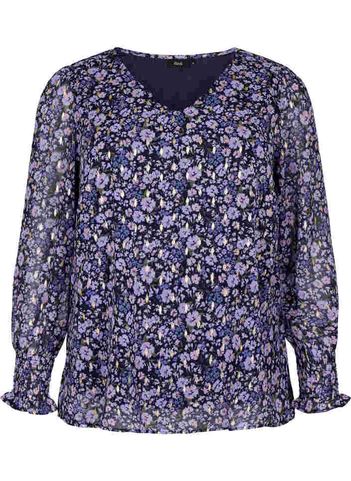 Blomstrete bluse med lange ermer og V-hals, Purple Ditzy Flower, Packshot image number 0
