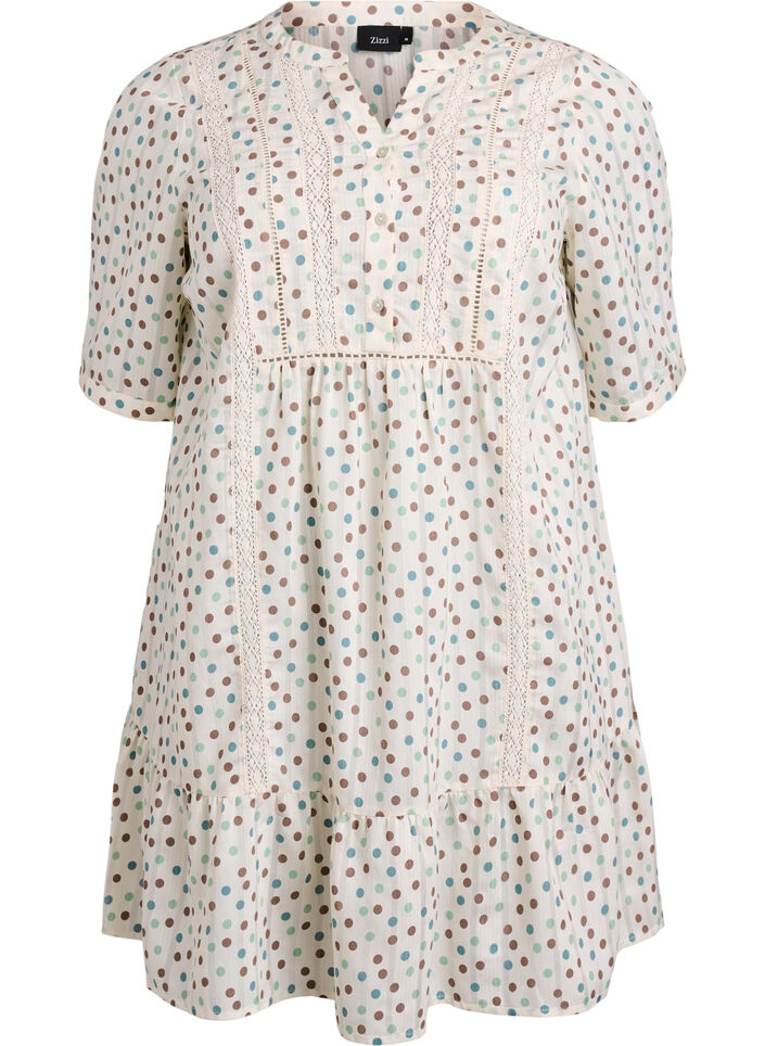 Kort viskosekjole med blonderkant og A-formet snitt, Hvit, Packshot image number 0