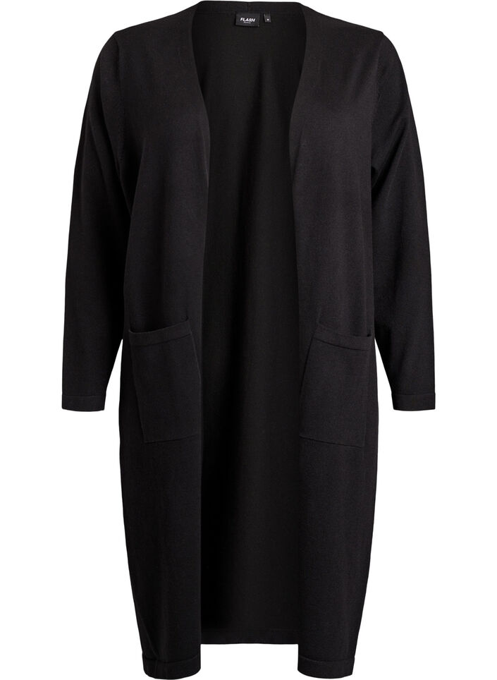 Lang, &aring;pen cardigan med lommer, Svart, Packshot image number 0