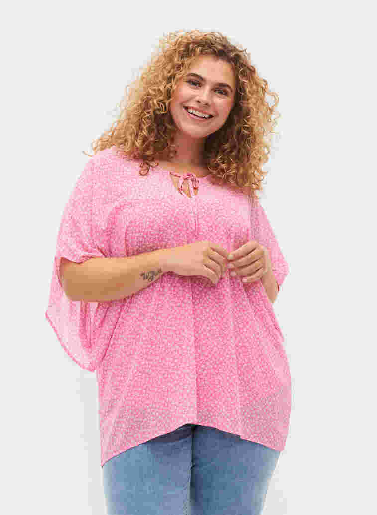 Mønstrete bluse med knyting og korte ermer, Pink Ditzy Flower, Model image number 0