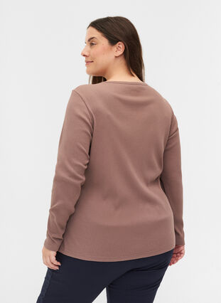 Langermet bluse i ribb med knappedetaljer, Deep Taupe, Model image number 1