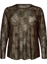 Bluse i mesh med blomster og paljetter, Brun