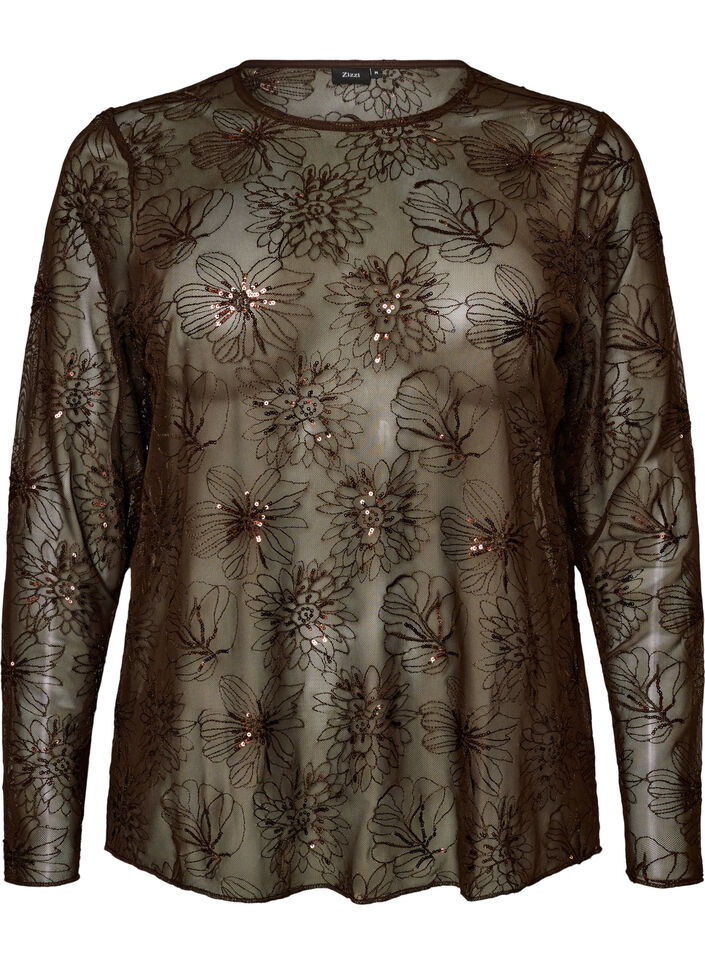 Bluse i mesh med blomster og paljetter, Brun, Packshot image number 0
