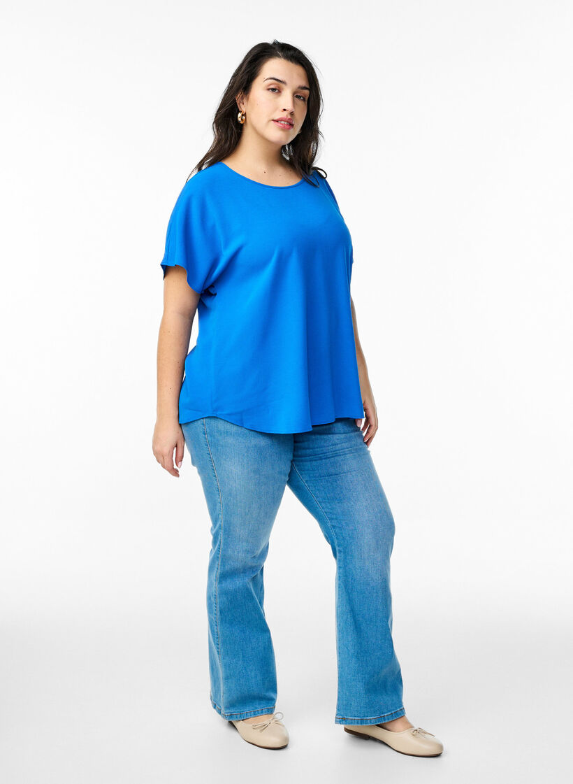 Bluse med korte ermer og rund hals, Blå, Model image number 1