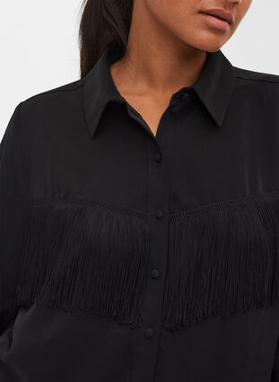Ensfarget skjorte med frynser, Black, Model image number 2