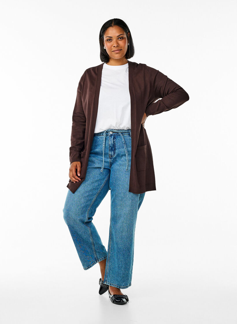 Lang, strikket cardigan i en viskoseblanding, Brun, Model image number 1