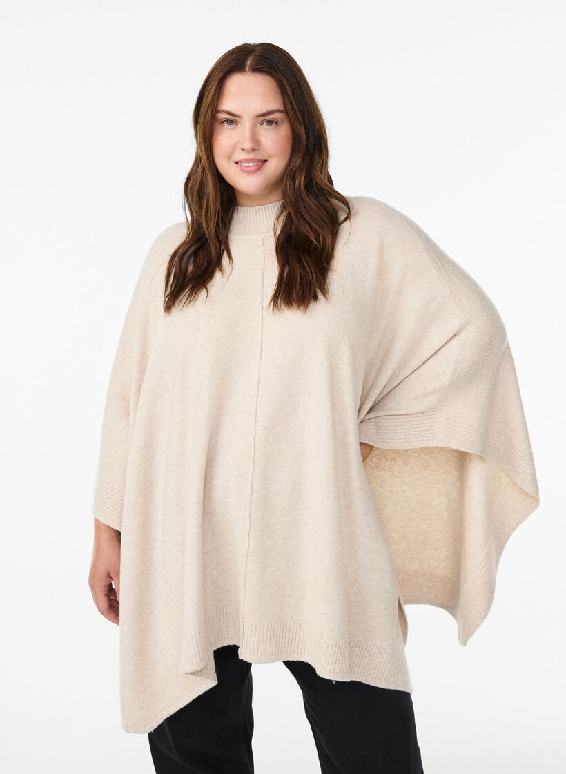 Poncho med ribbedetaljer og rund hals, Beige, Model image number 0