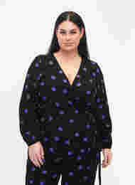 Prikkete omslagsbluse i viskose, Black w. Purple Dot, Model