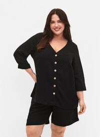 Bluse i viskose med knapper og V-hals, Black, Model