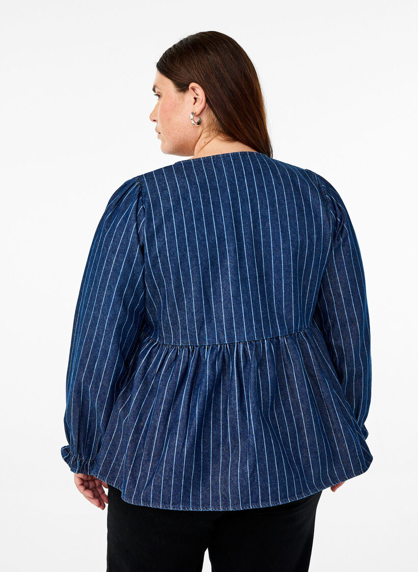 Stripete denimbluse med knyting foran, Blå, Model image number 2