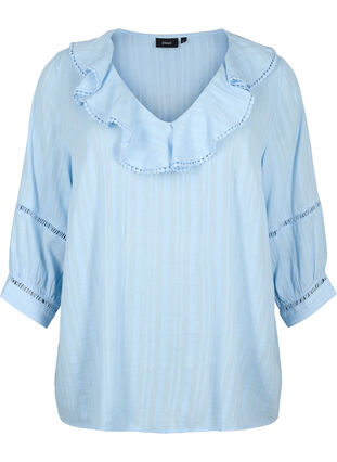 Bluse med 3/4-ermer og blonder, Chambray Blue, Packshot image number 0
