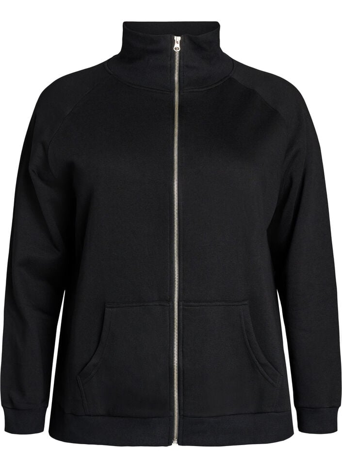 Sweat cardigan med h&oslash;y krage og glidel&aring;s, Svart, Packshot image number 0