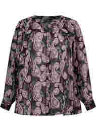 Skjorte med V-hals og mønster, Black/Beige Paisley