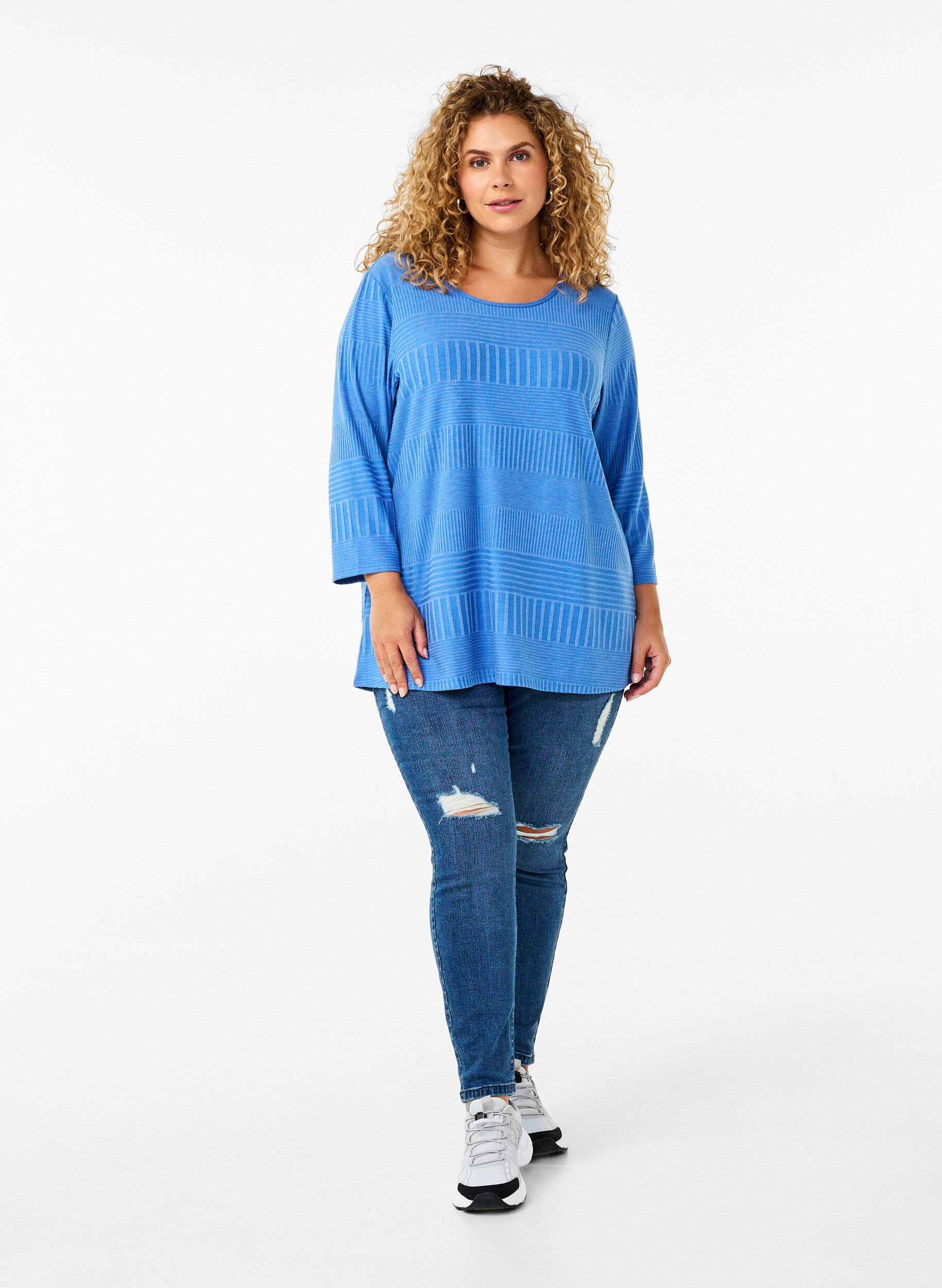 Zizzi Bluse med 3/4-ermer og stripem&oslash;nster, Princess Blue Mel., Model image number 2