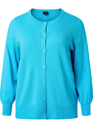Ribbet cardigan med knappelukking, River Blue, Packshot image number 0