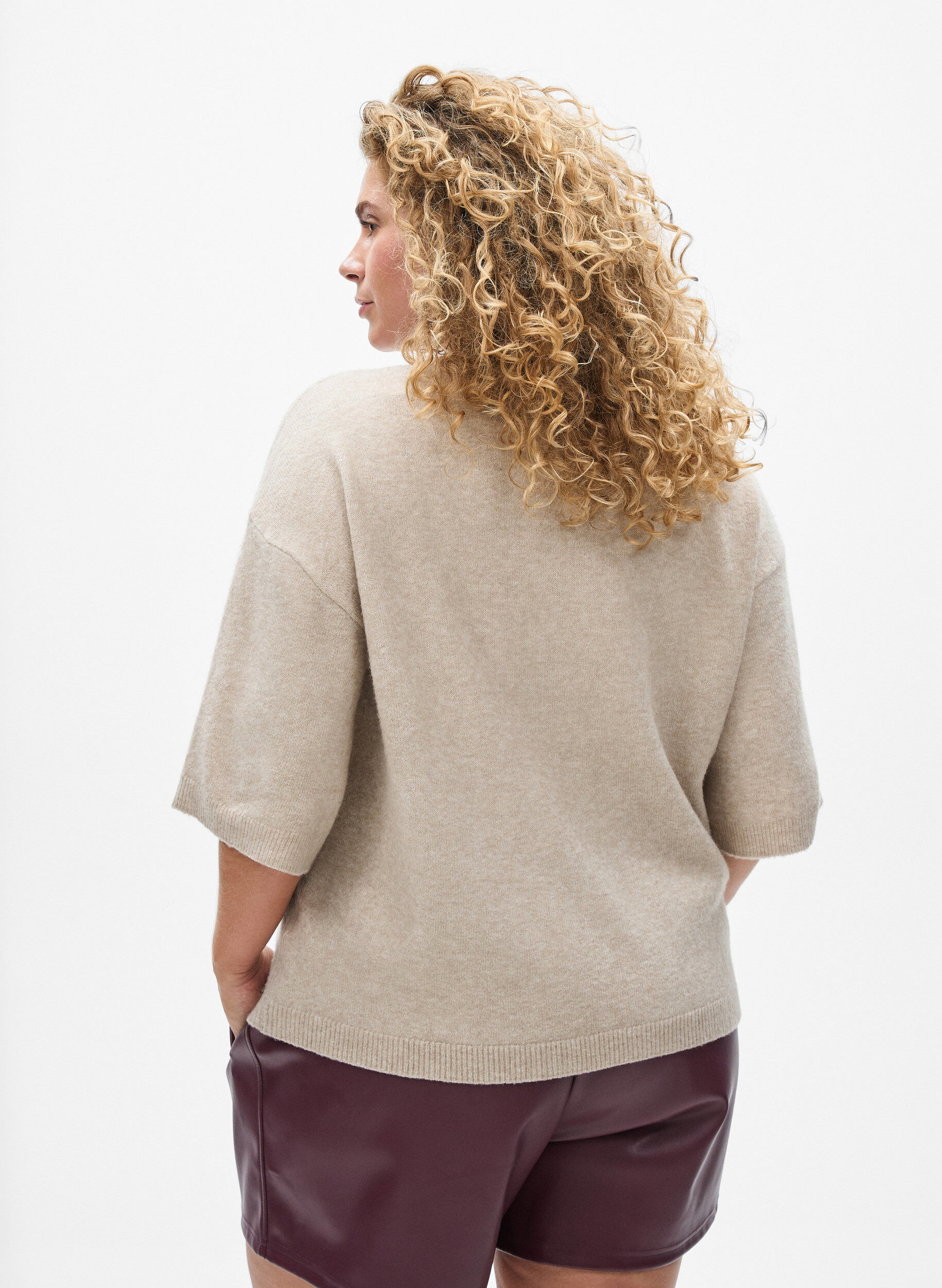 ZizziL&oslash;s strikket bluse med korte ermer, Beige, Model image number 2