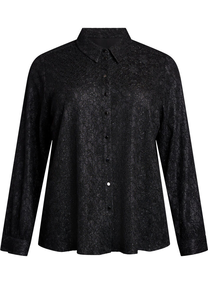 Skjorte med blondetekstur og glittertråd, Svart, Packshot