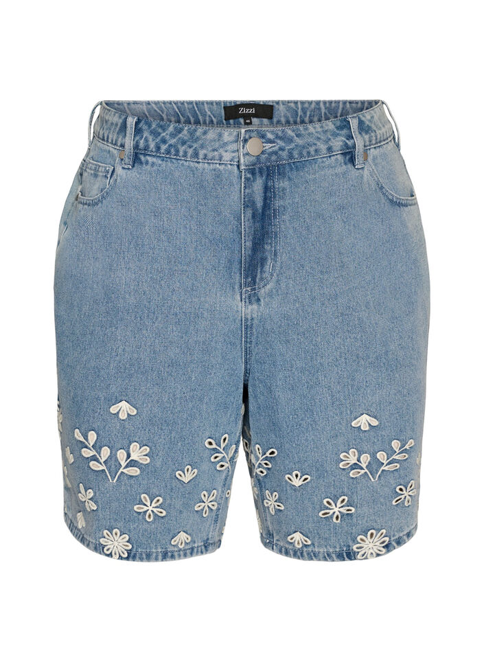 Denimshorts med broderie anglaise og h&oslash;y midje, Bl&aring;, Packshot image number 0