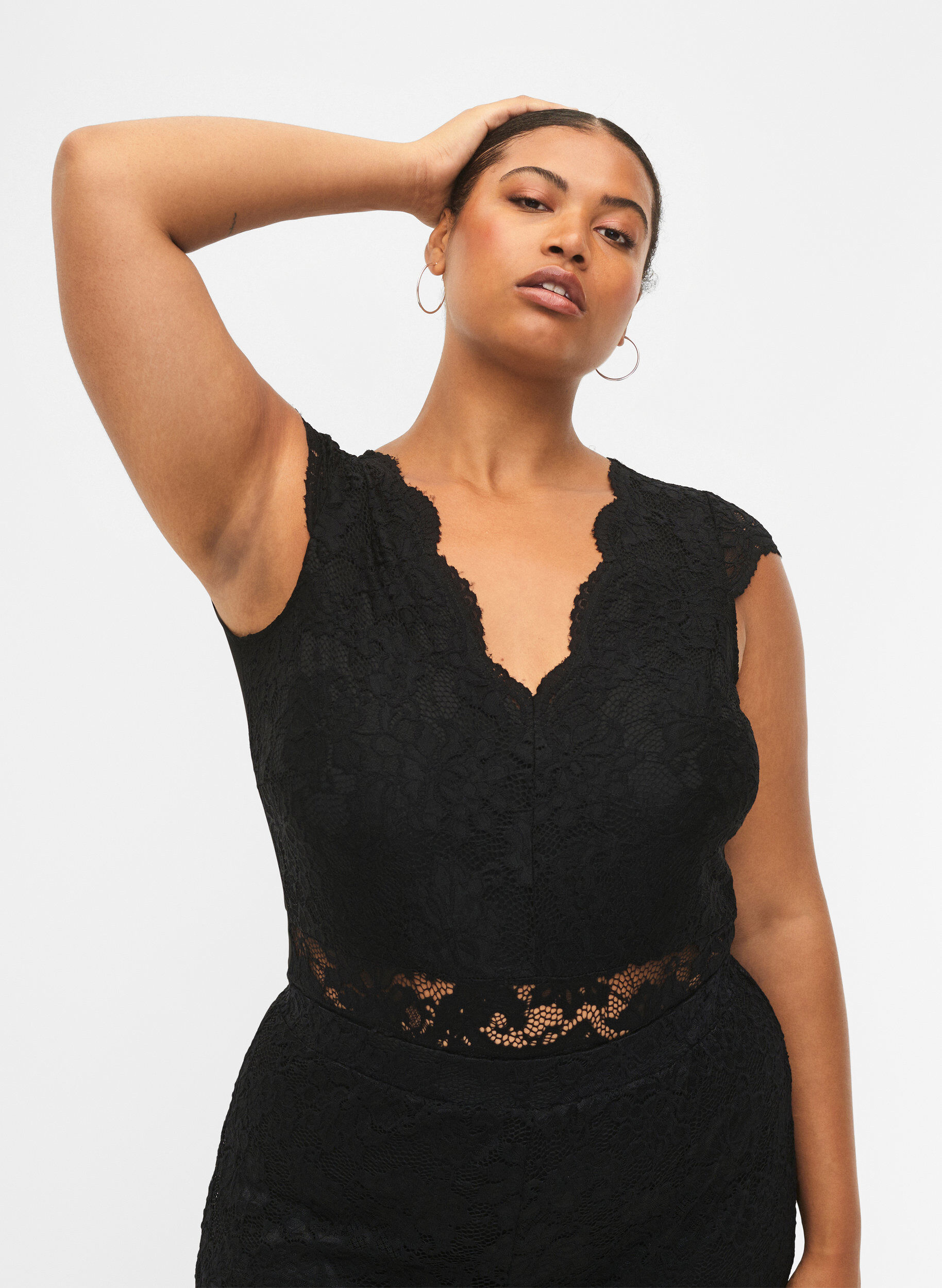 Zizzi Bodystocking med blondekant og mesh, Black, Model image number 0