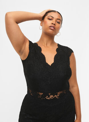 Kroppstrømpe med blondekant og V-hals, Black, Model image number 0