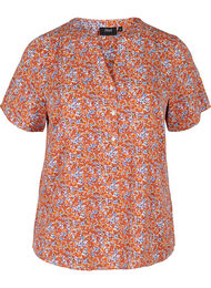 Bluse med korte ermer og V-hals, Orange Flower AOP