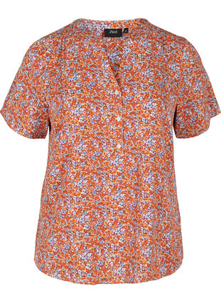 Bluse med korte ermer og V-hals, Orange Flower AOP, Packshot image number 0