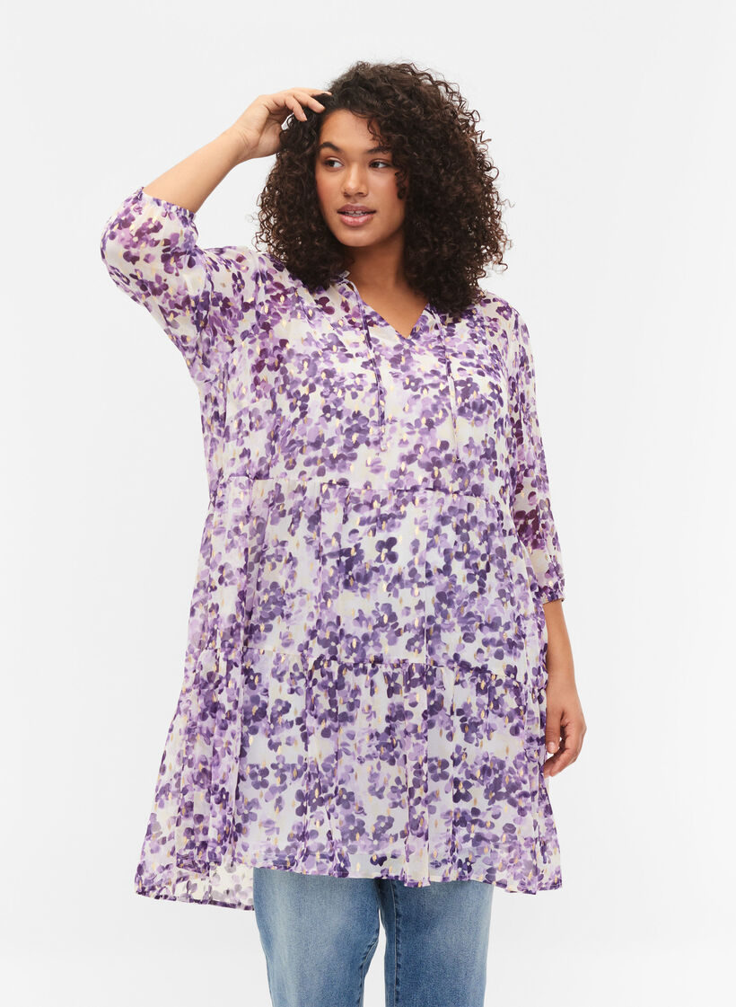 Tunika med blomstermønster og lurex, Beige/Purple Flower, Model image number 0