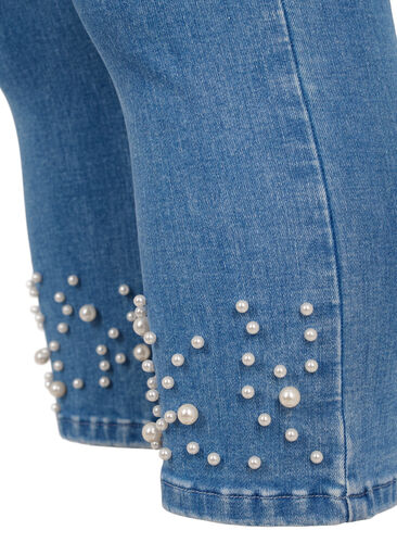 Capribukser i denim med høyt liv og perler, Light blue denim, Packshot image number 2