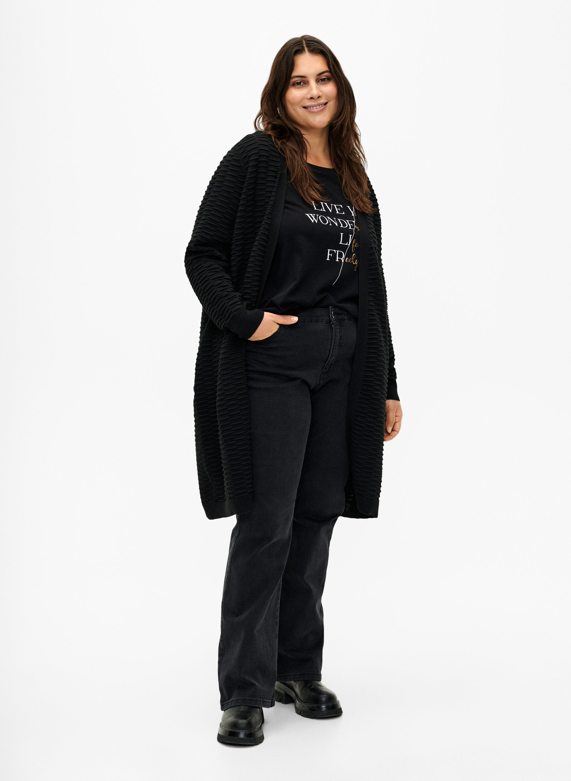 Zizzi Strikket cardigan i bomull-viskoseblanding, Black, Model image number 2