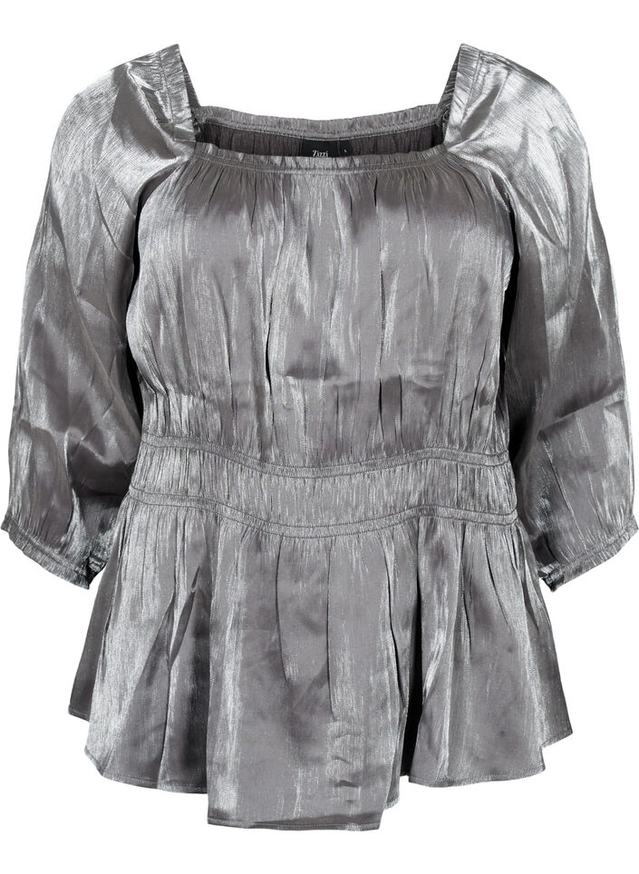 Sølvfarget bluse med 3/4-ermer og smock, Dark Silver, Packshot image number 0